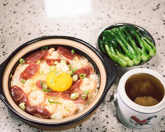 Shrimp, Chinese Sausage and Egg on Rice 虾仁腊肠窝蛋饭